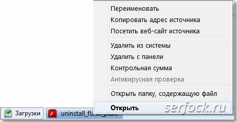 Контекстное меню для закаченного файла в строке статуса