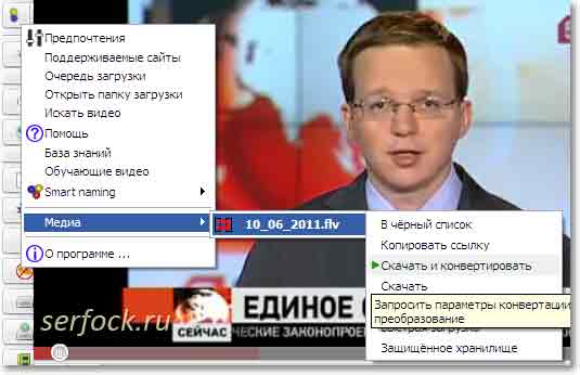 Контекстное меню расширения DownloadHelper. Скачивание видеофайла (FLV)